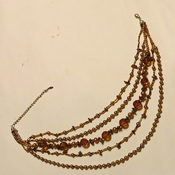 Vintage Necklace Multi-Strand Necklace Rose Gold Faux Pearls Umber Stones Beads - Picture 5 of 6